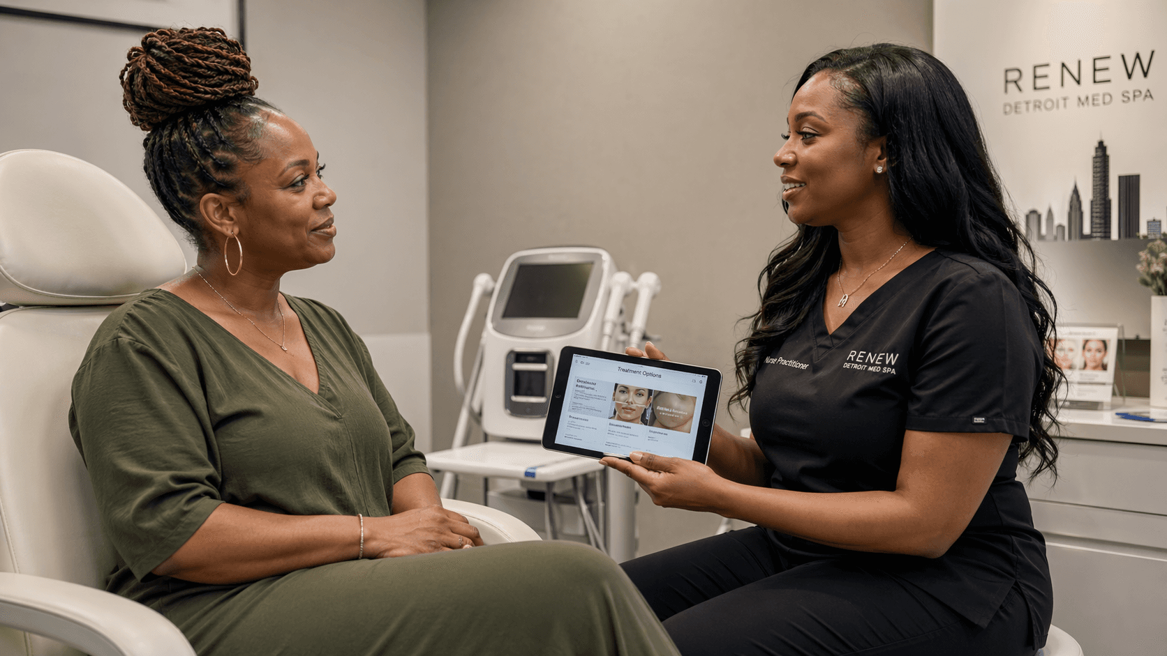 Black woman in her early 40s reviewing Botox treatment options with a female provider on a tablet at a modern Detroit med spa