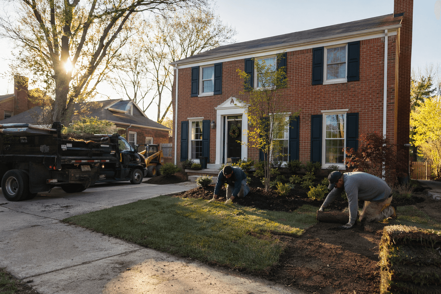 Landscaping crew working on a front yard design project in a Detroit suburb on a clear spring morning