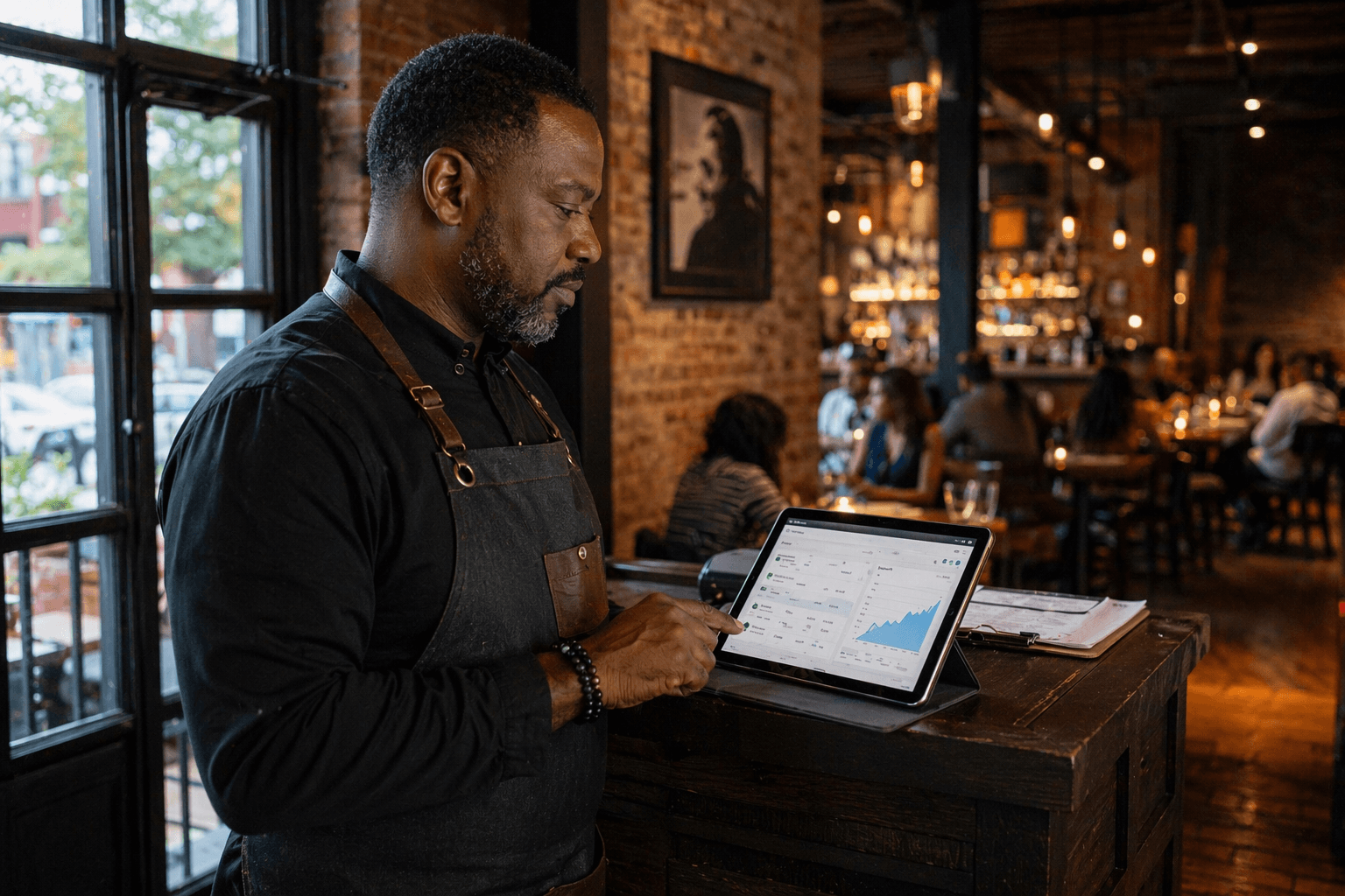 Detroit restaurant owner reviewing online order dashboard on a tablet behind the counter