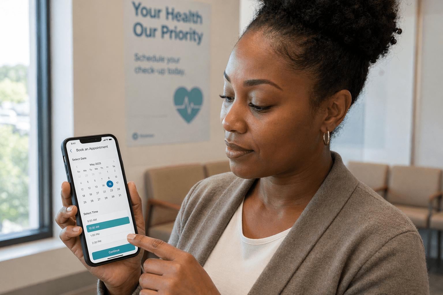 Patient using a smartphone to book a medical appointment online
