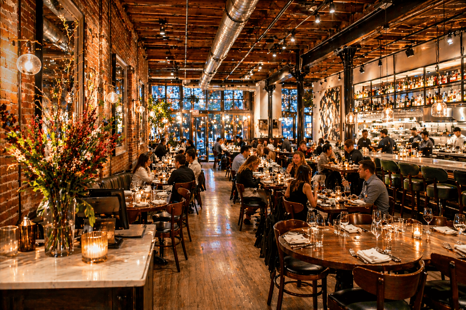 Detroit restaurant interior with warm lighting and set tables during evening service