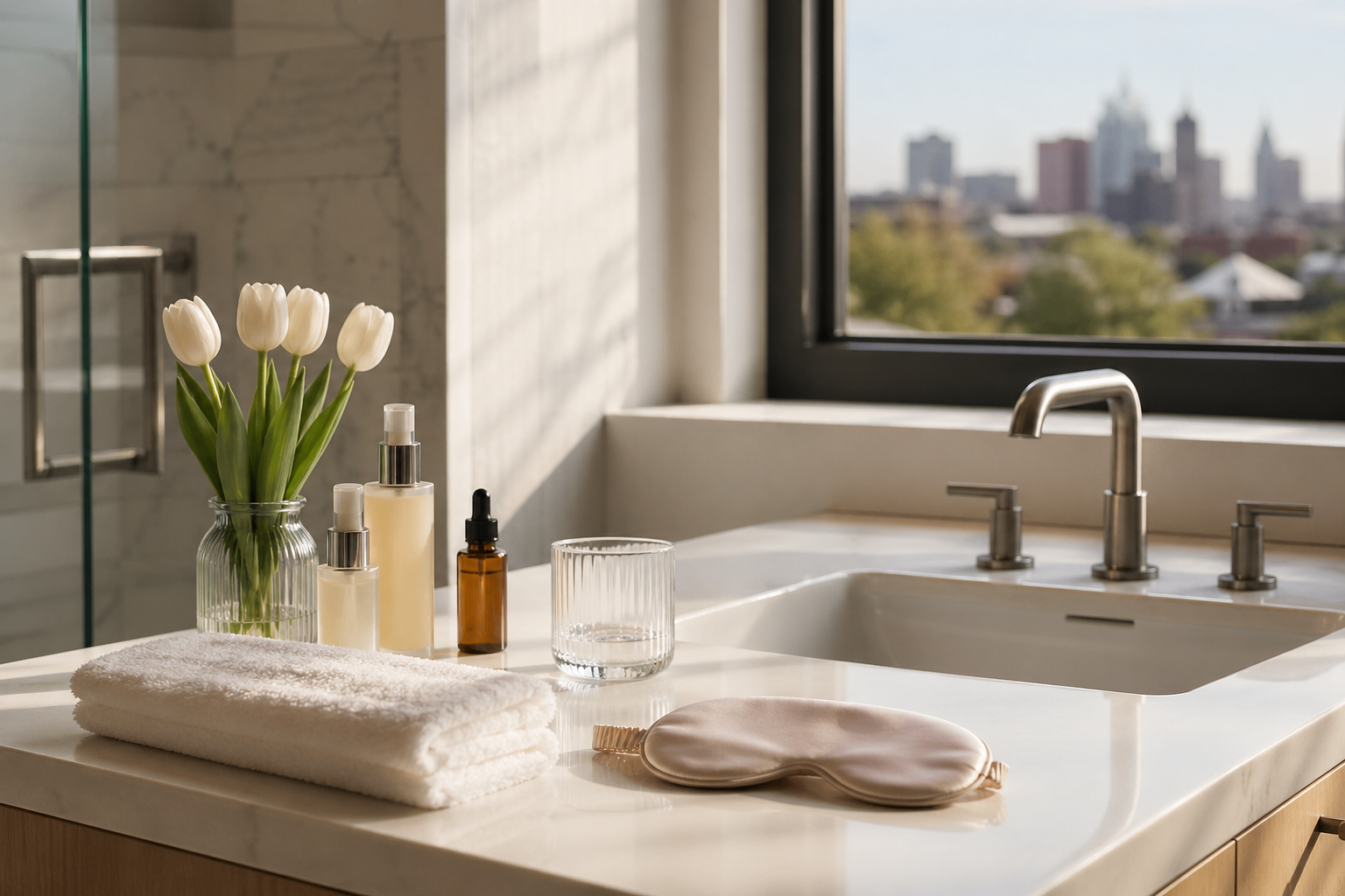 Bright Detroit residential bathroom counter with a morning skincare routine laid out, sunlight through a window, no person in frame