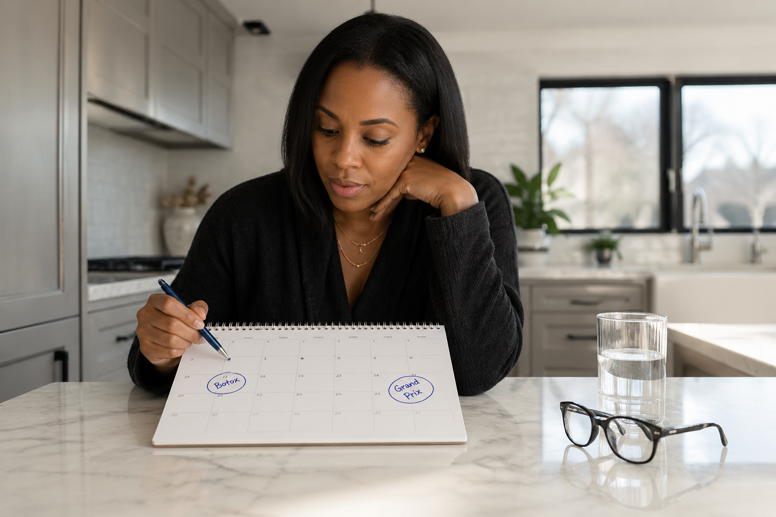 Black woman in her early 30s reviewing a paper calendar with the Detroit Grand Prix circled, planning treatment timing around an upcoming event