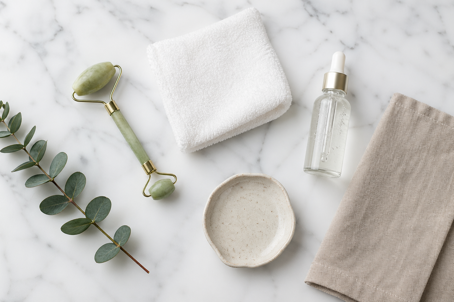 Clinical aftercare items arranged on a clean surface - gentle cleanser, ice roller, hydrating mist, soft cotton pads - no labels or branding visible