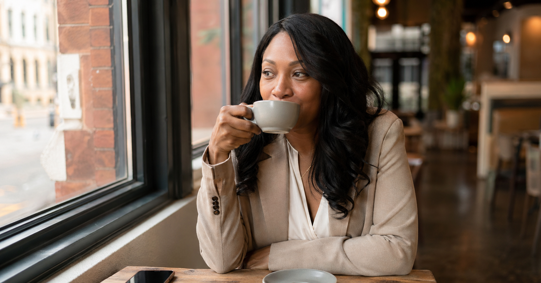 Black woman in her late 30s relaxed at a Detroit downtown coffee shop two weeks post-treatment, natural light, fresh confident appearance