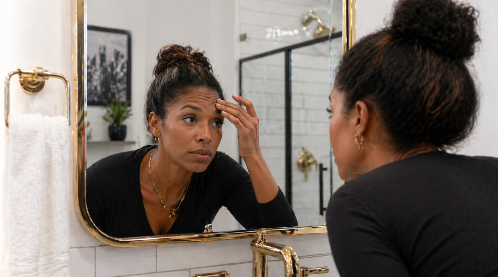 Black woman studying forehead expression lines in a bathroom mirror at a Detroit apartment