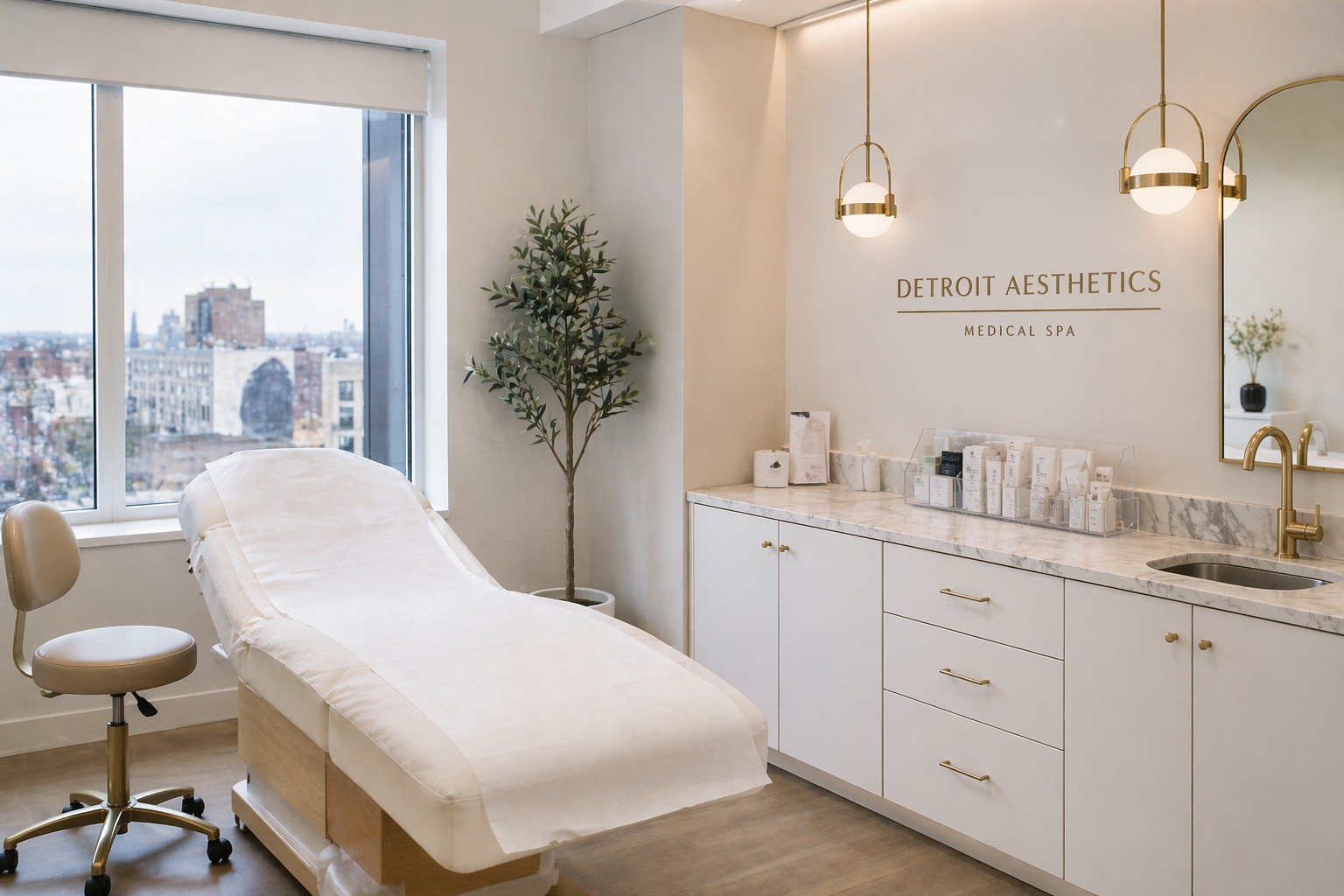 Professional Detroit med spa treatment room with clean organized clinical setup