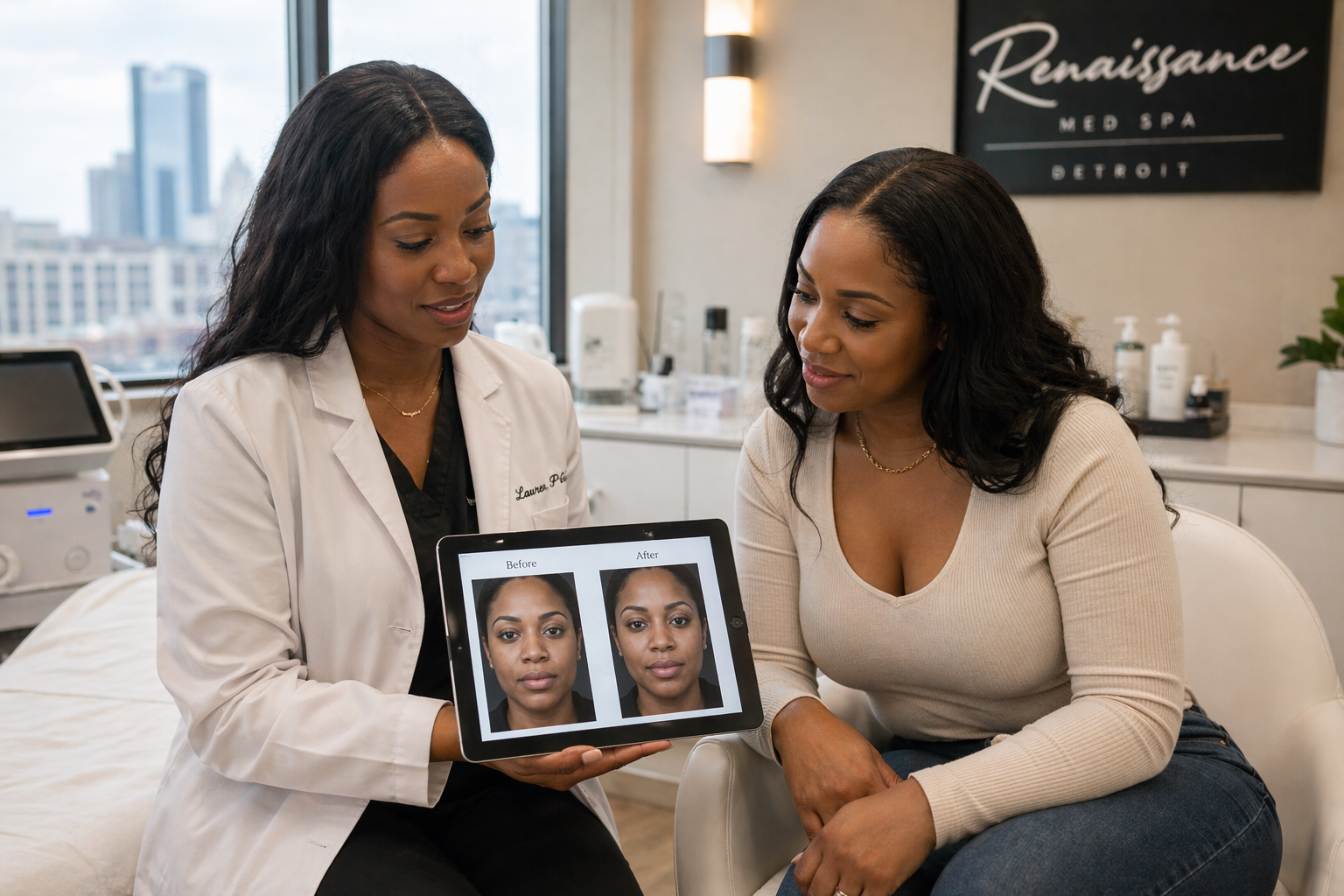 Provider at a Detroit med spa showing before-and-after Botox results on a tablet to a patient during a consultation