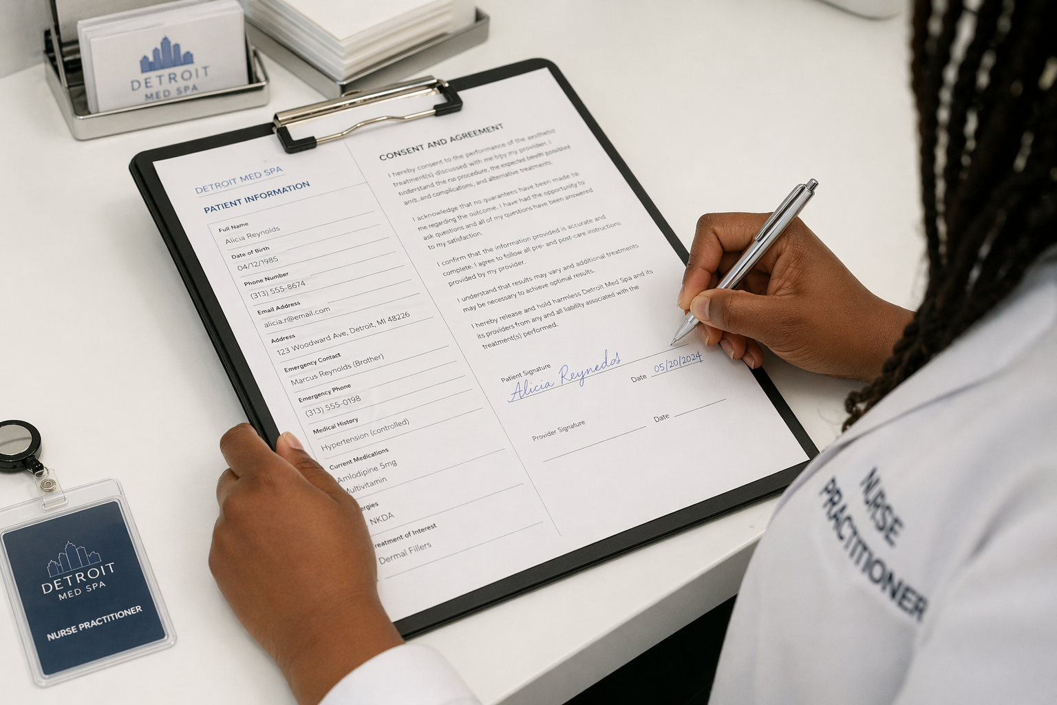 Close-up of a Detroit med spa provider reviewing a patient chart and consent form before a Botox procedure