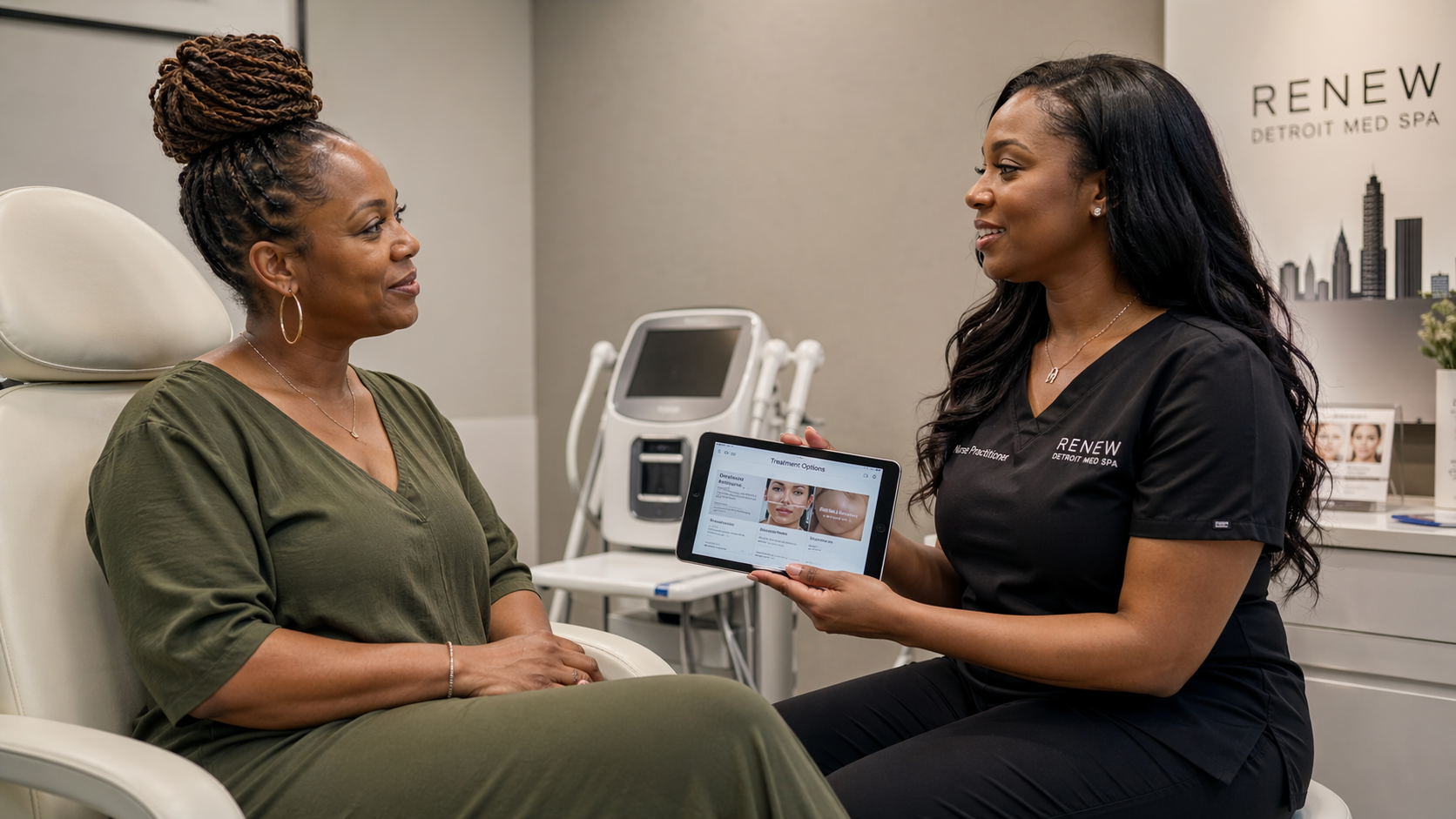 Black woman in her early 40s reviewing Botox treatment options with a female provider on a tablet at a modern Detroit med spa