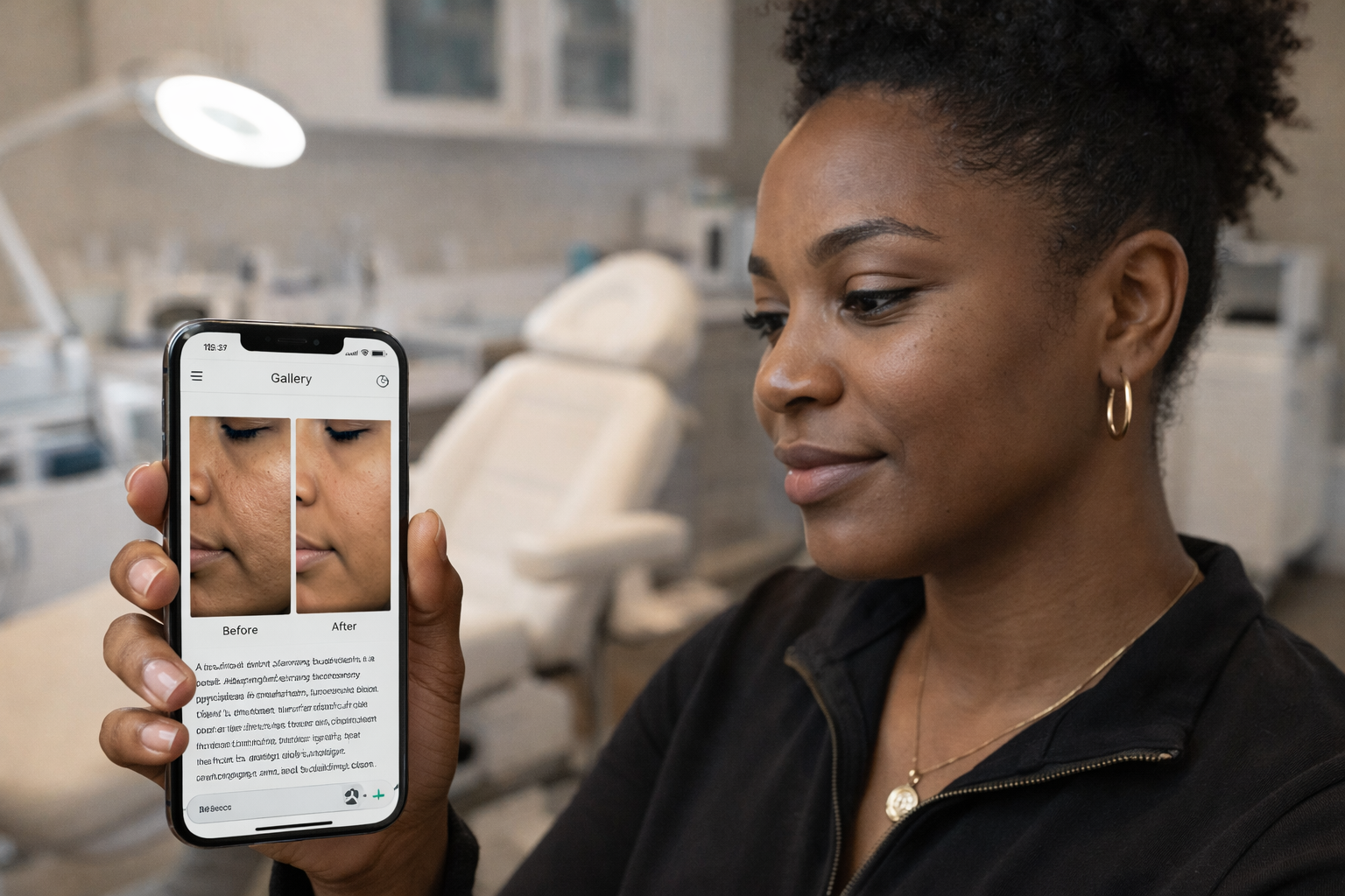 Before and after treatment gallery displayed on a mobile phone for a Detroit med spa website