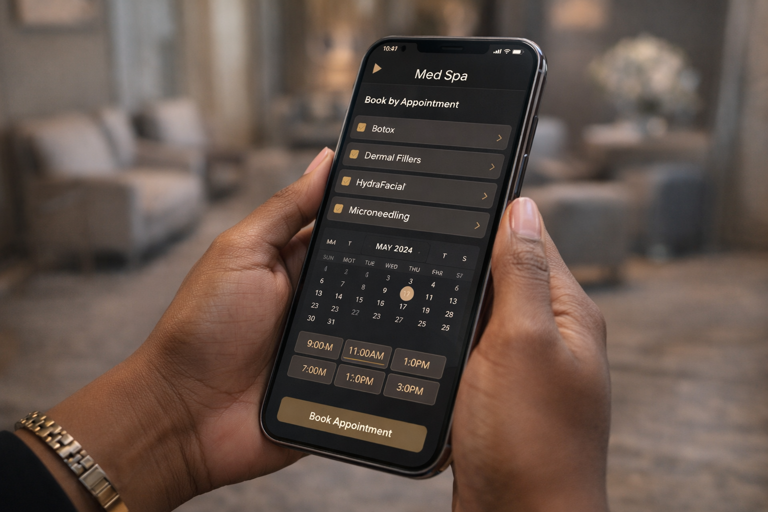 Mobile booking widget for a Detroit med spa showing service selection and available appointment times
