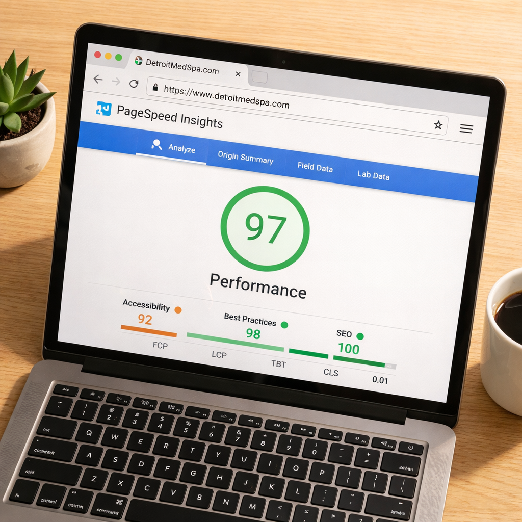PageSpeed Insights score showing fast load time for a Detroit med spa website built on Next.js