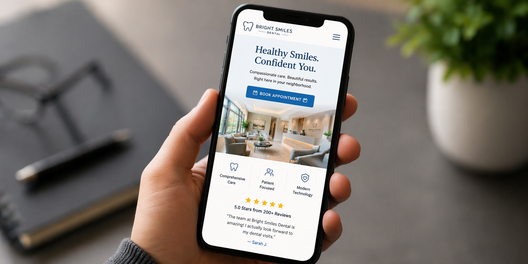 Modern dental website design displayed on a smartphone, showing a clear call-to-action button
