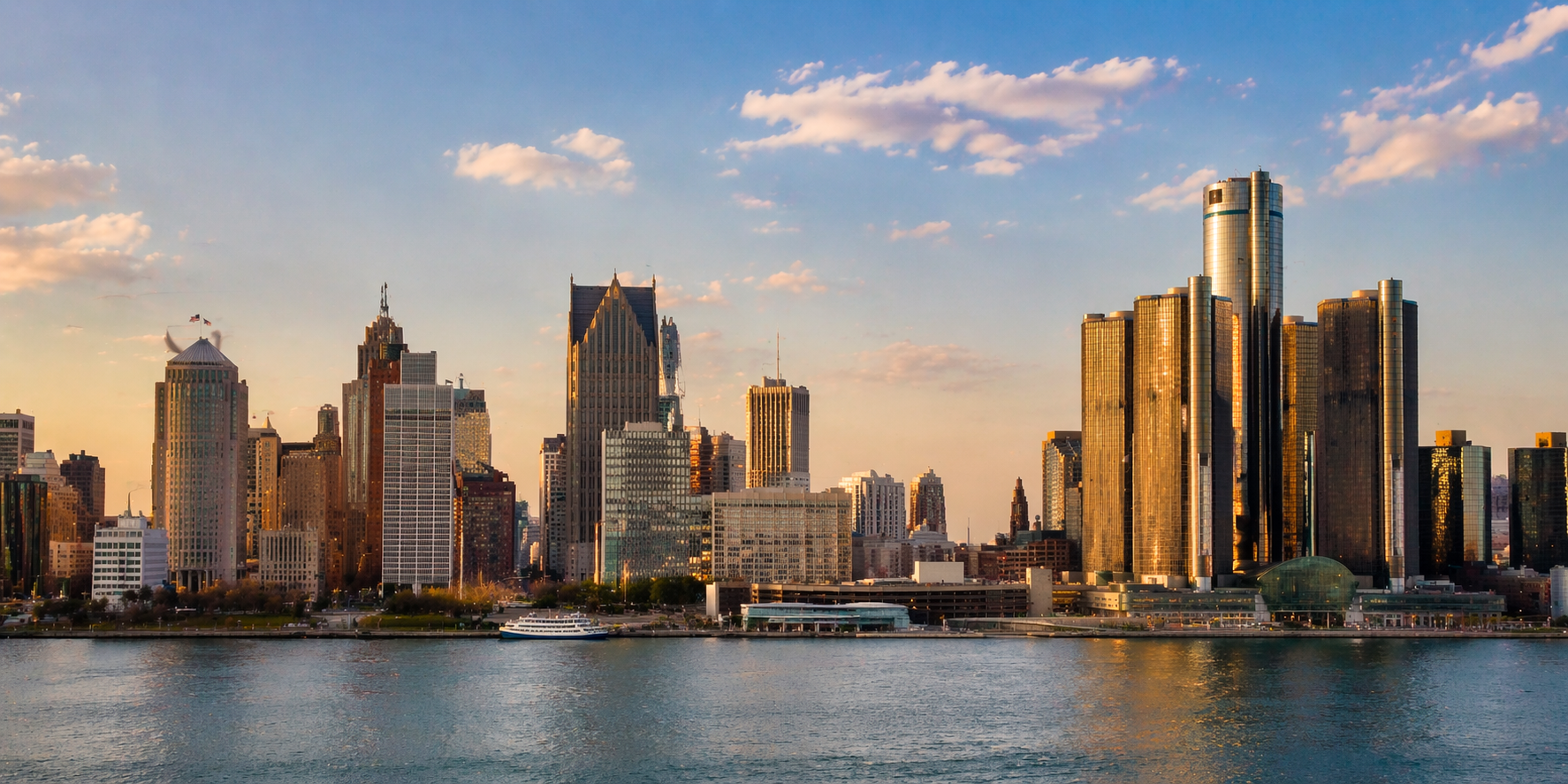 Detroit skyline at dusk viewed from a dental office window, representing a local practice's connection to the city