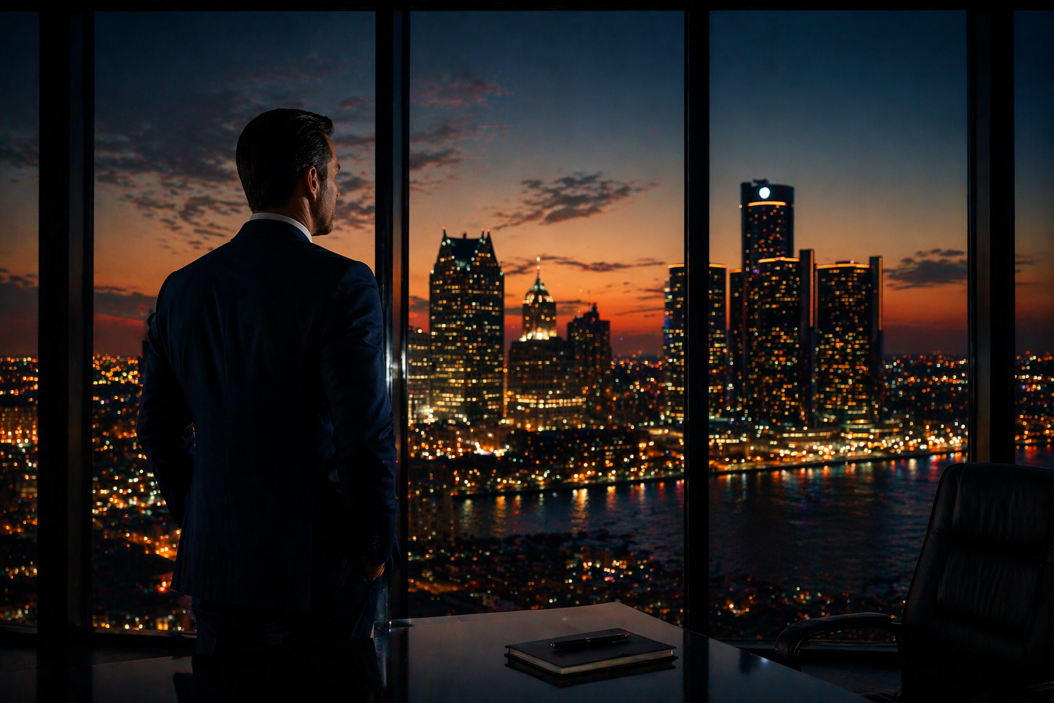 Confident attorney standing at floor-to-ceiling window overlooking downtown Detroit skyline, dark navy suit, backlit by city lights at dusk, aspirational editorial tone
