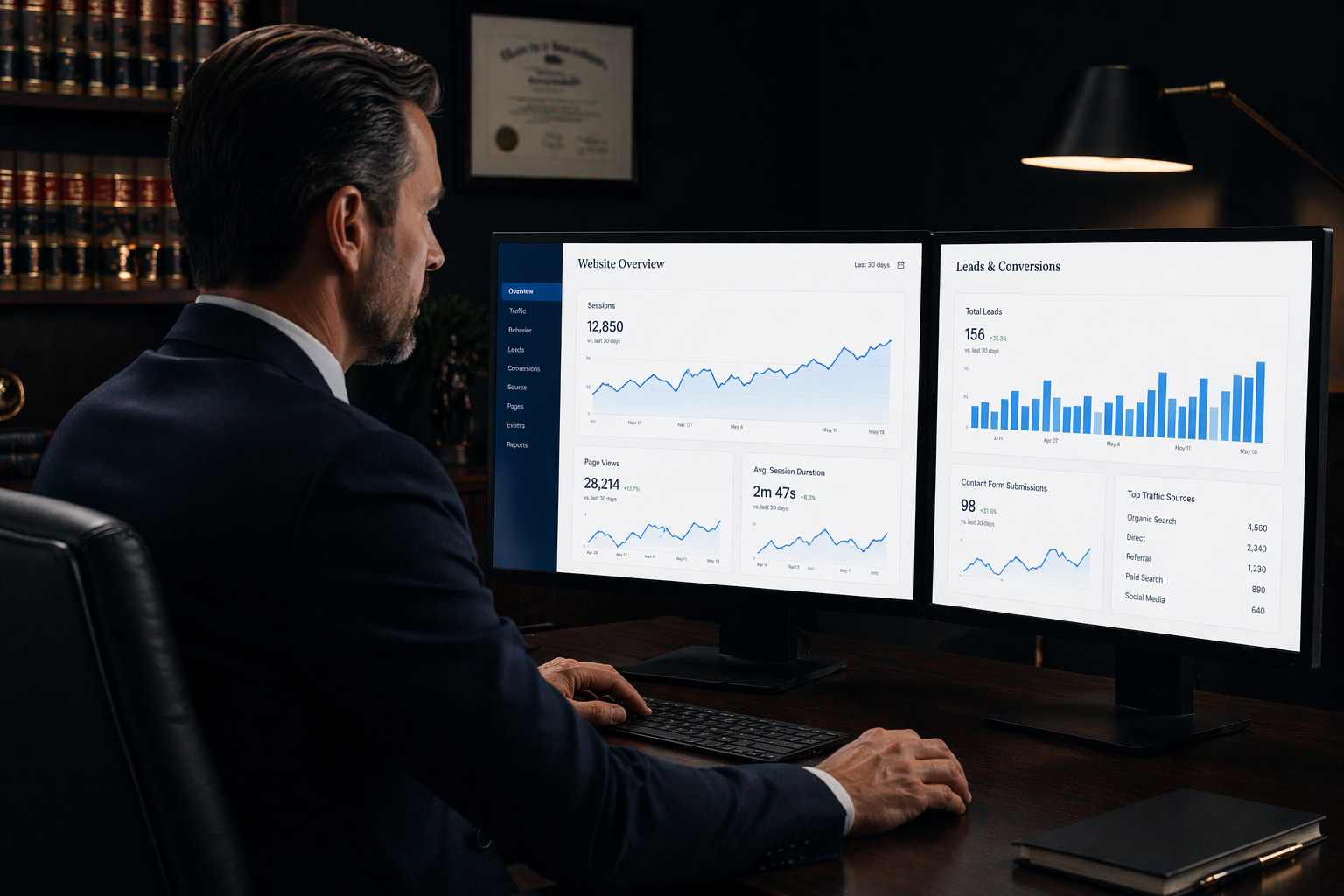 Detroit attorney reviewing local search rankings and website analytics on dual monitors in a modern law office
