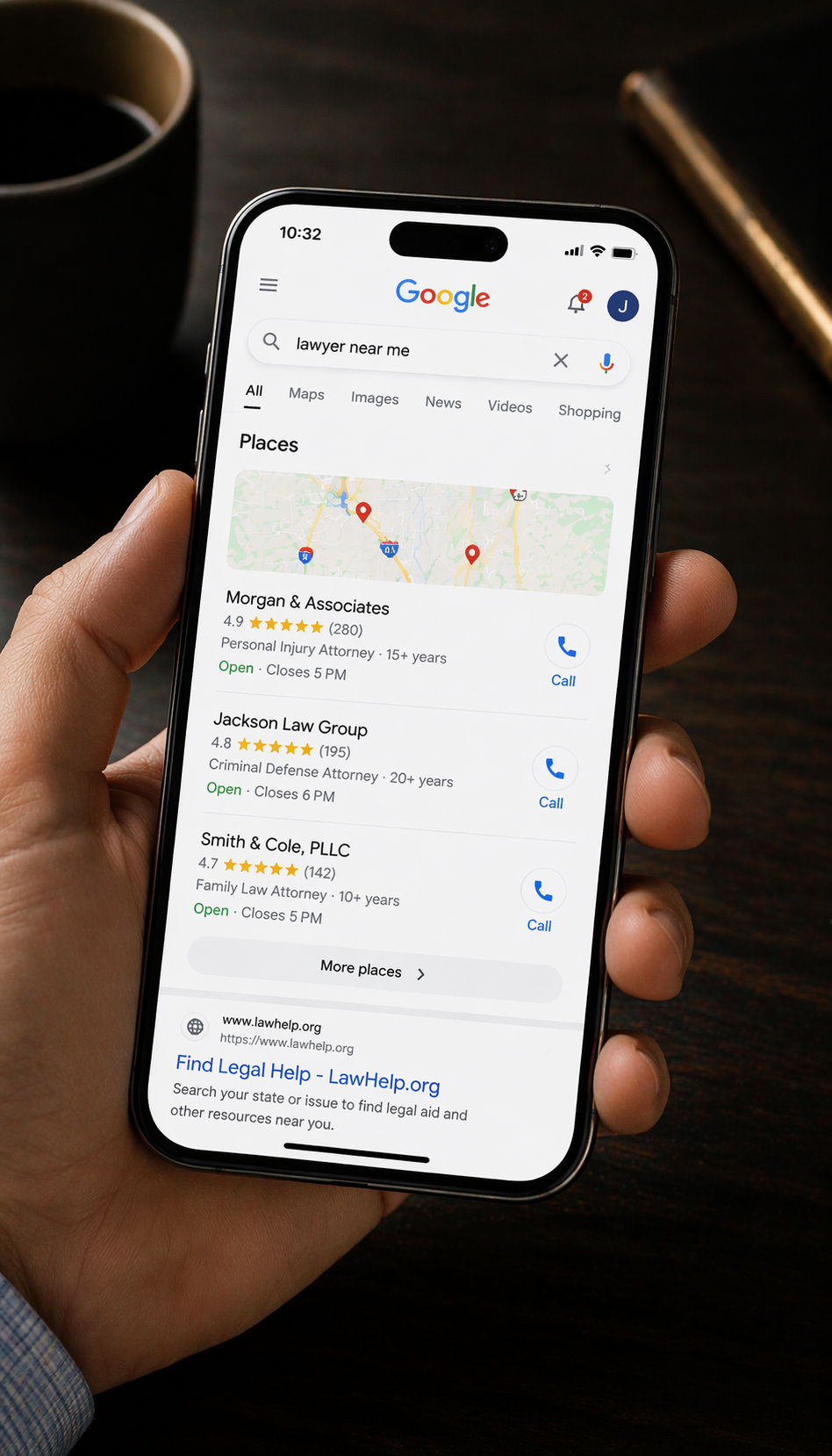 Close-up of phone screen showing Google Map Pack results for Detroit attorney search, dark office desk background with coffee cup, focused editorial composition