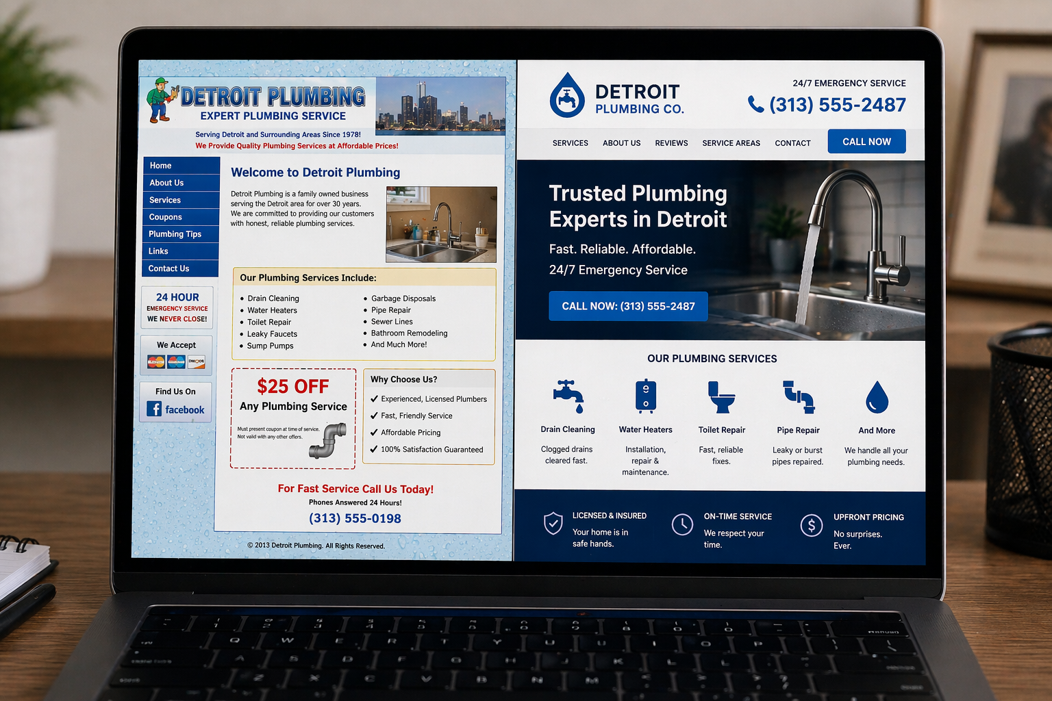 Barbershop styling station flat-lay with clippers, shears, and a phone showing a 5-star Google Business Profile for a Detroit barbershop