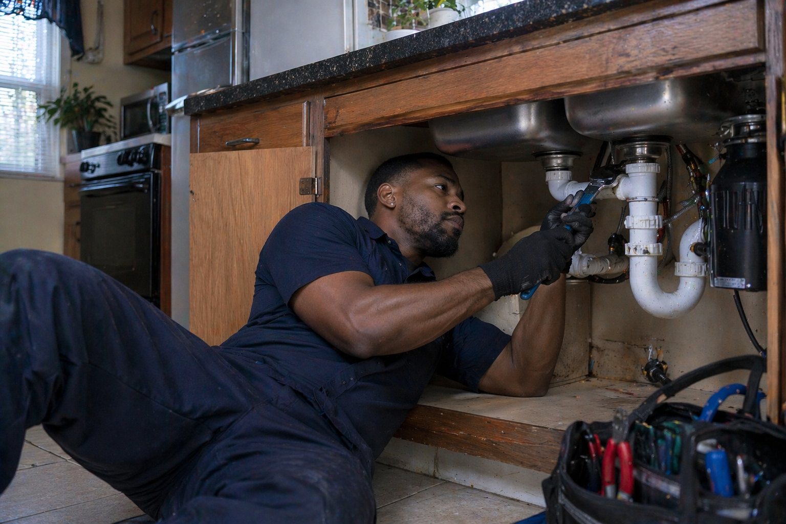 Two men having a relaxed conversation in a classic Detroit barbershop — one in the chair after a fresh cut, one barber leaning on the counter, both laughing