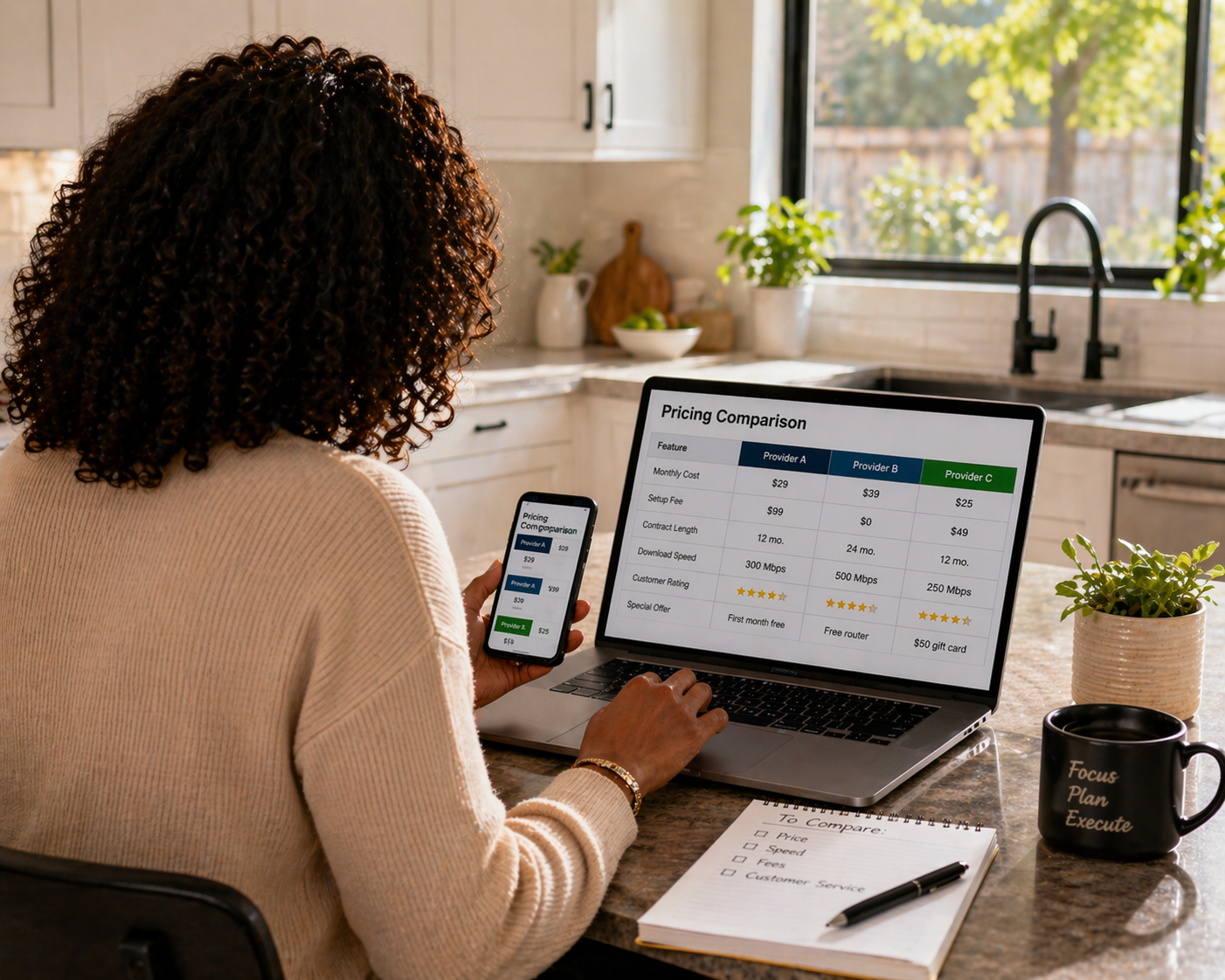 Black woman researching Detroit Botox pricing on a laptop and phone at a sunlit kitchen island