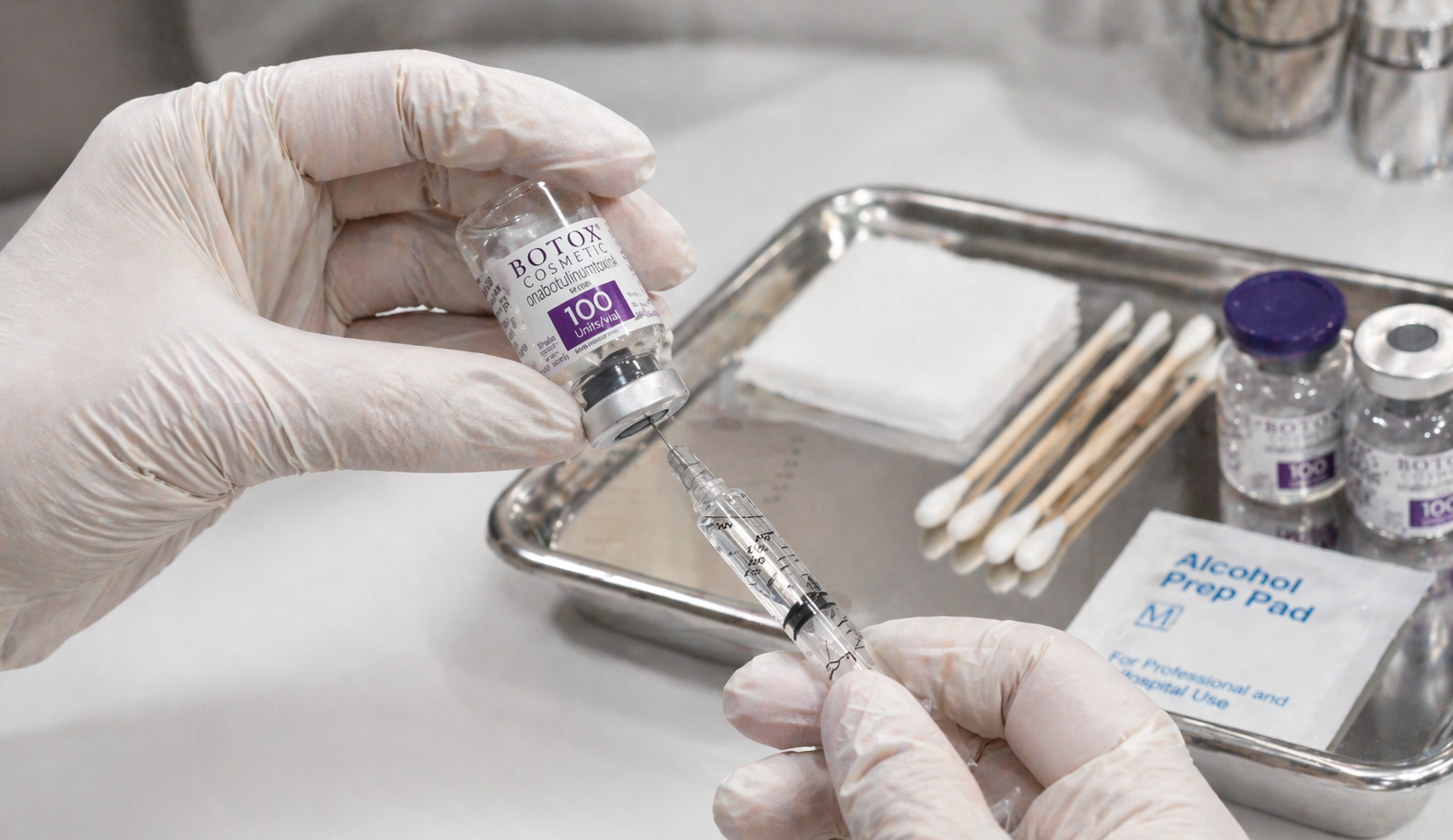 Gloved hands drawing Botox from a labeled vial at a Detroit medical spa
