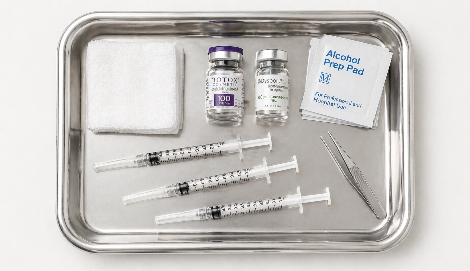 Organized clinical tray with labeled Botox vials and syringes at a Detroit med spa