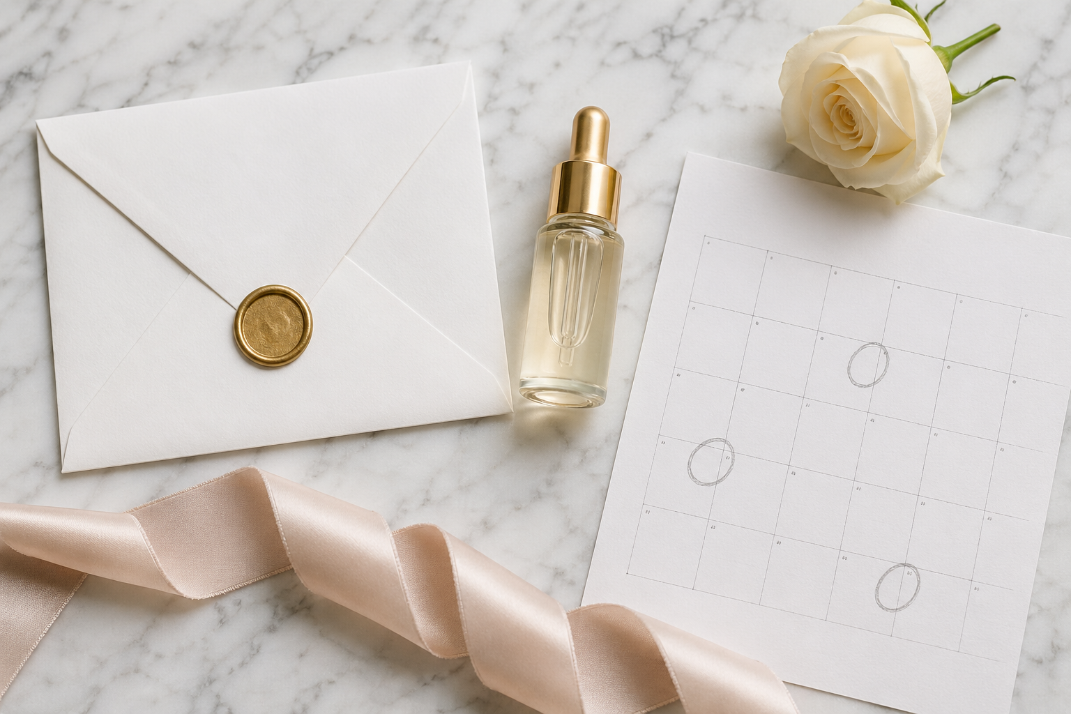 Bridal aesthetic planning flat-lay on white marble: sealed white envelope, glass serum vial, monthly calendar with appointment dates circled in pencil, ivory rose bloom, and silk ribbon