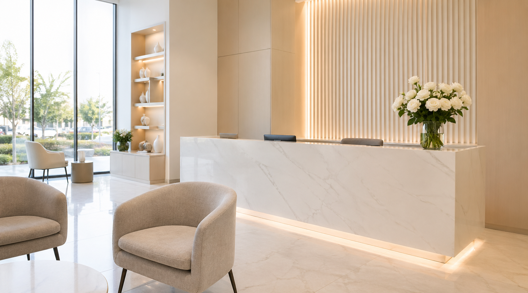 Bright modern metro Detroit med spa reception area with white roses on the front desk, cream walls, soft morning light through tall windows, no people in frame