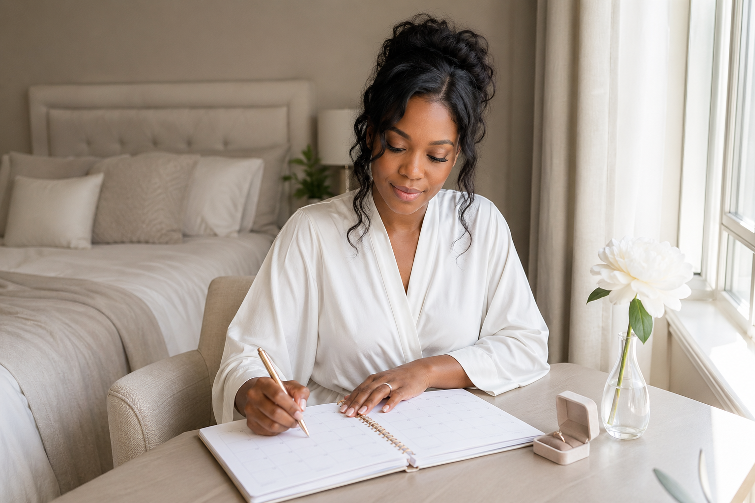 Black bride in her late 20s wearing a soft white robe, seated at a small desk in a warmly lit bedroom, writing in a wedding planner with a monthly calendar page open showing multiple months ahead