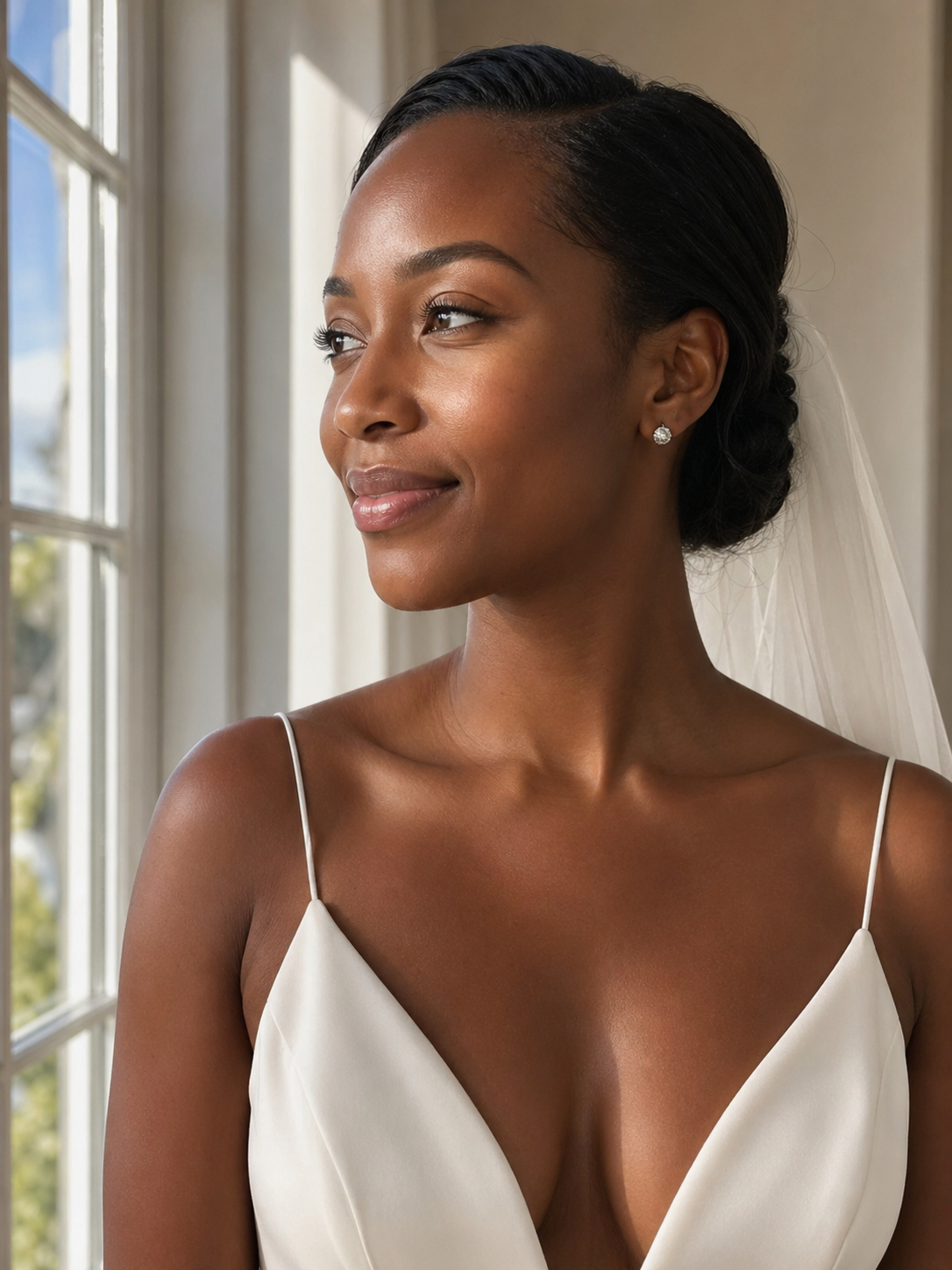 Radiant Black bride in her late 20s standing near a sunlit window in a bright room, wearing an ivory bridal gown, healthy glowing skin with natural texture, calm natural smile, warm afternoon light
