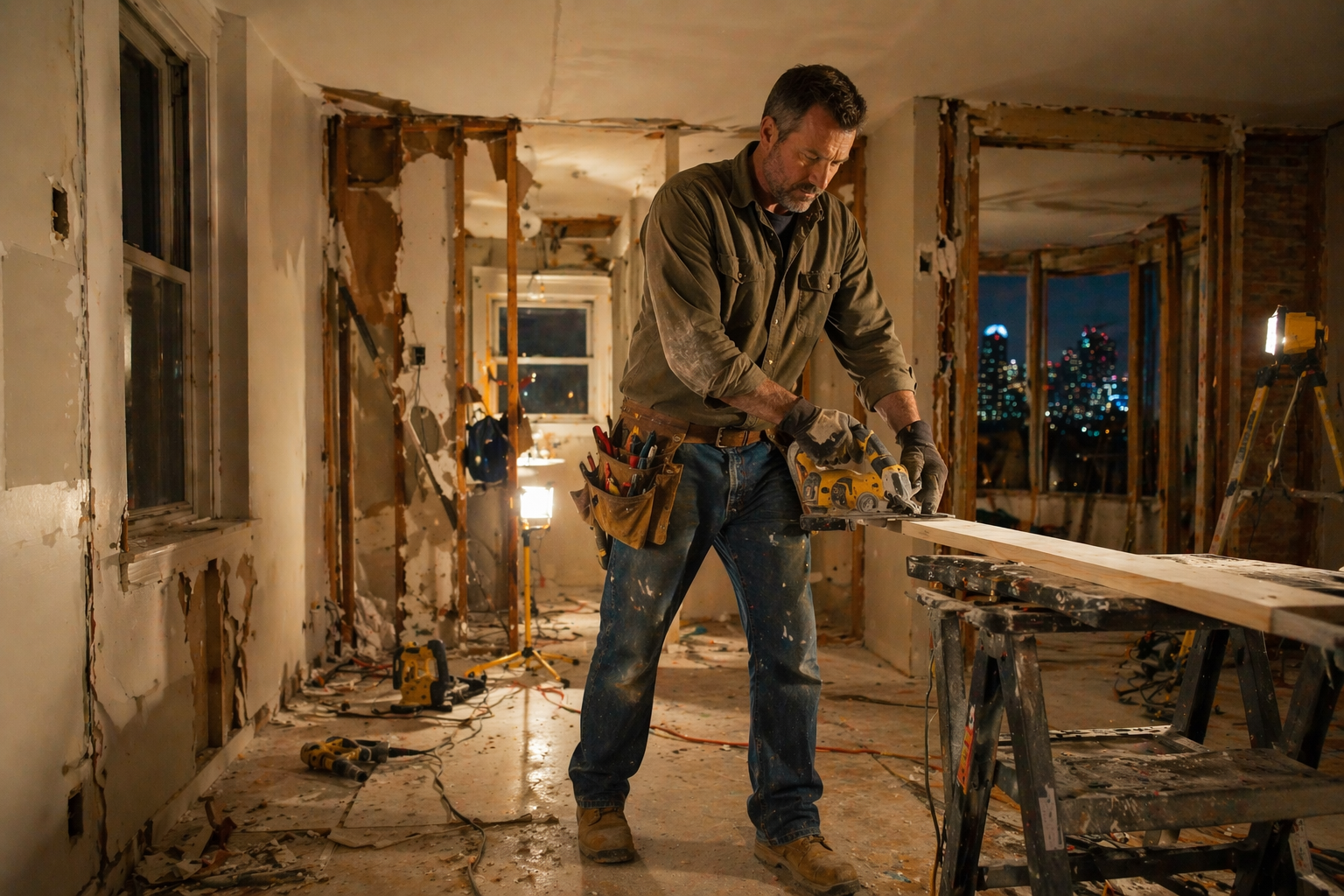 Detroit contractor working late inside a home renovation, focused and hardworking under work lights