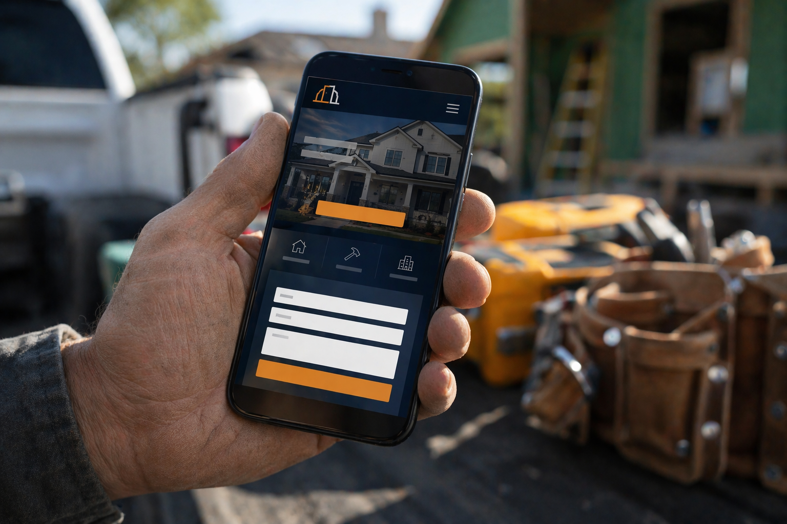 Contractor's hand holding a smartphone showing a professional contractor website with a lead capture form