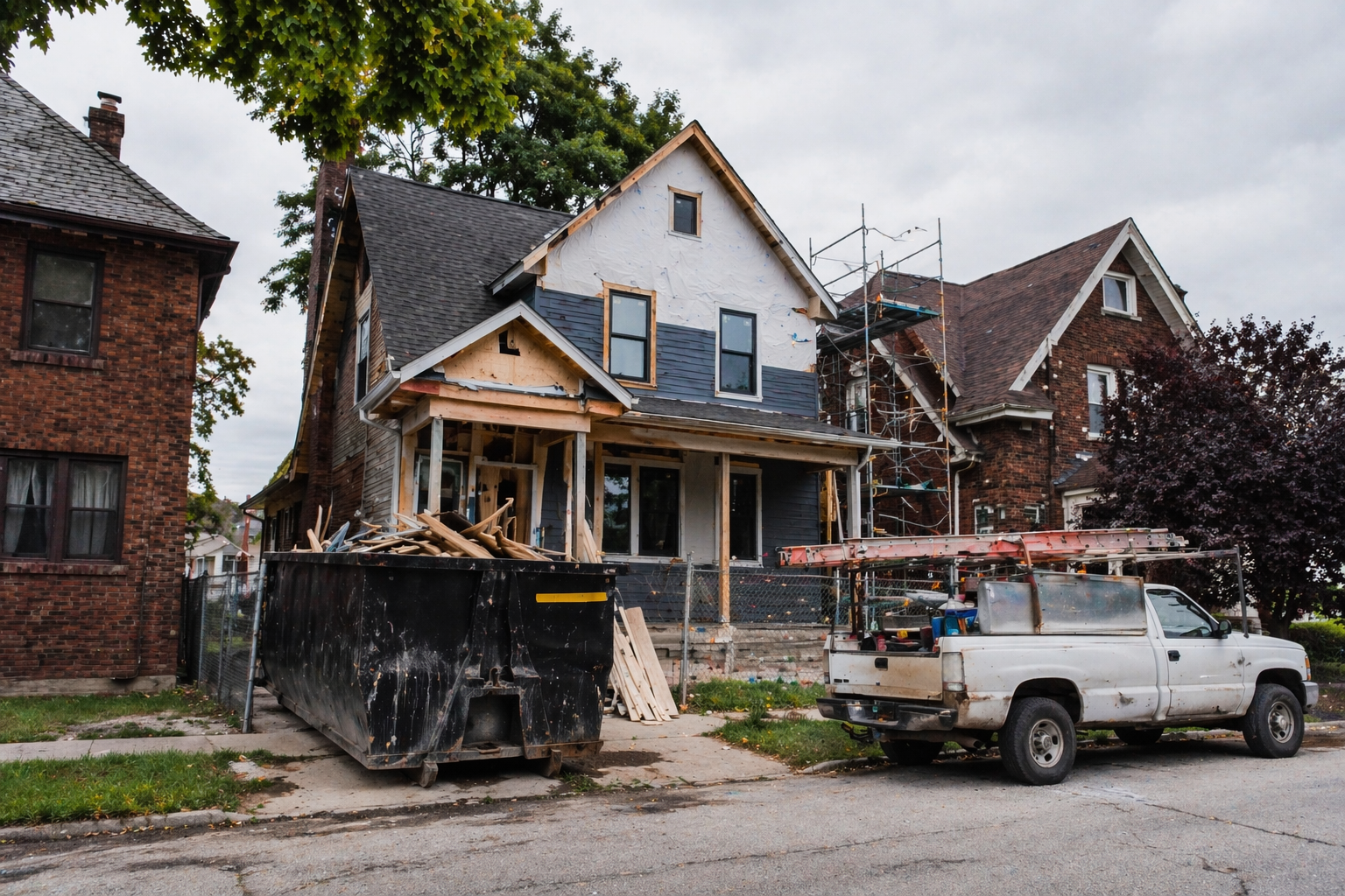 Detroit neighborhood home mid-renovation with work truck parked in driveway and scaffolding on the side