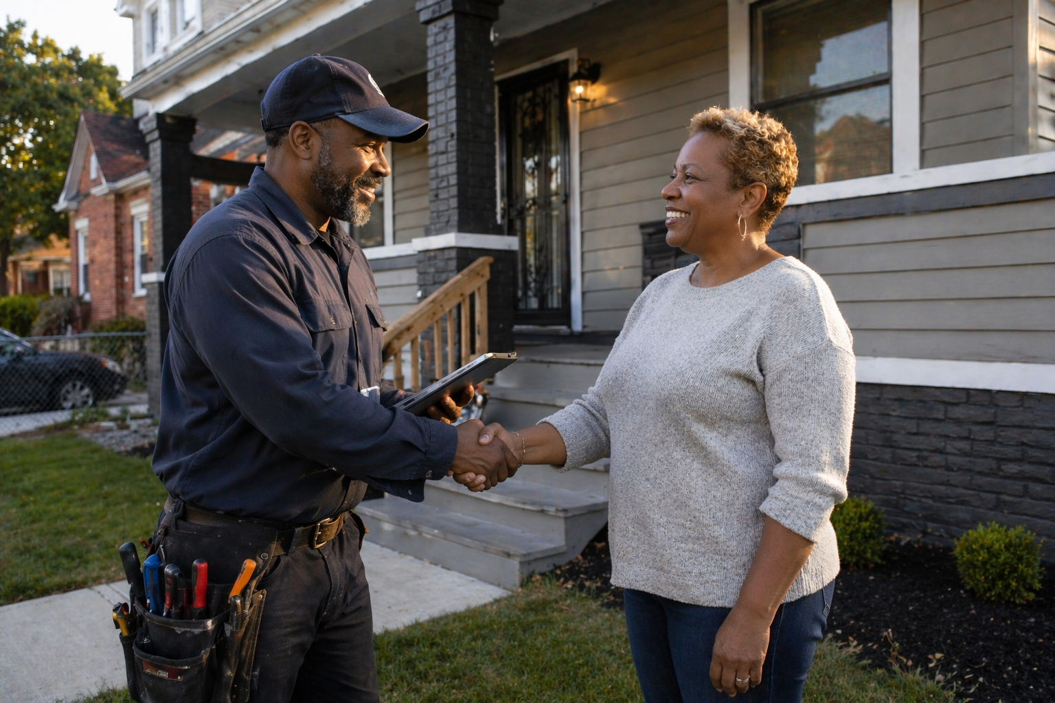 Contractor shaking hands with a smiling homeowner in front of a freshly renovated Detroit home