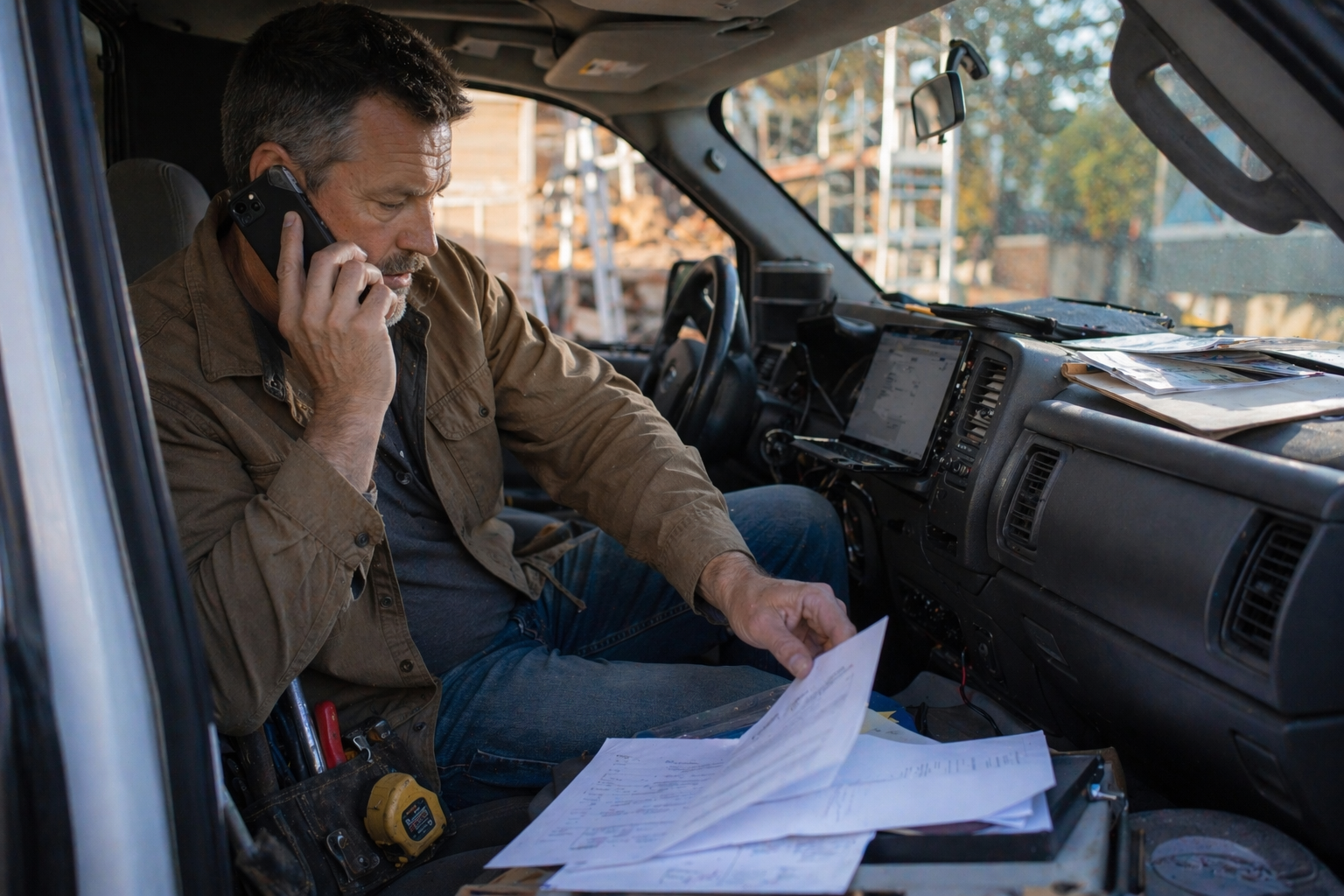Contractor sitting in a work truck reviewing job estimates on a tablet while on the phone, managing multiple projects