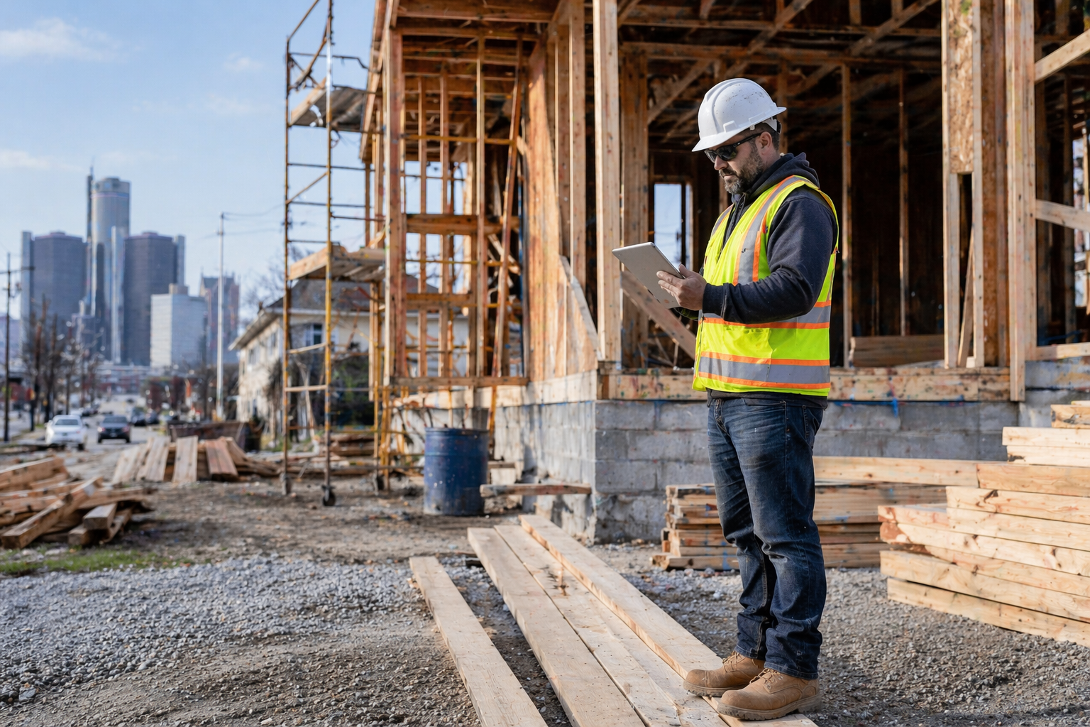 General contractor reviewing project plans on a tablet at a Detroit construction job site, wearing hard hat and safety vest