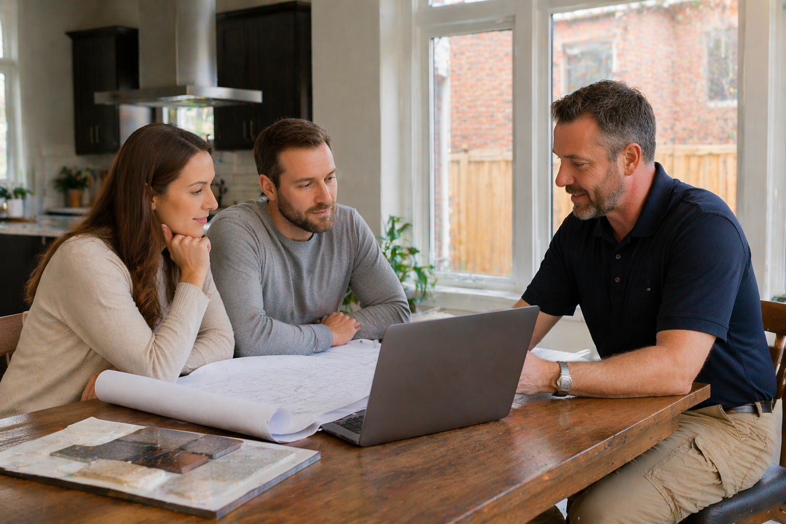 General contractor sitting at kitchen table with homeowner couple reviewing project plans together in a suburban Detroit home