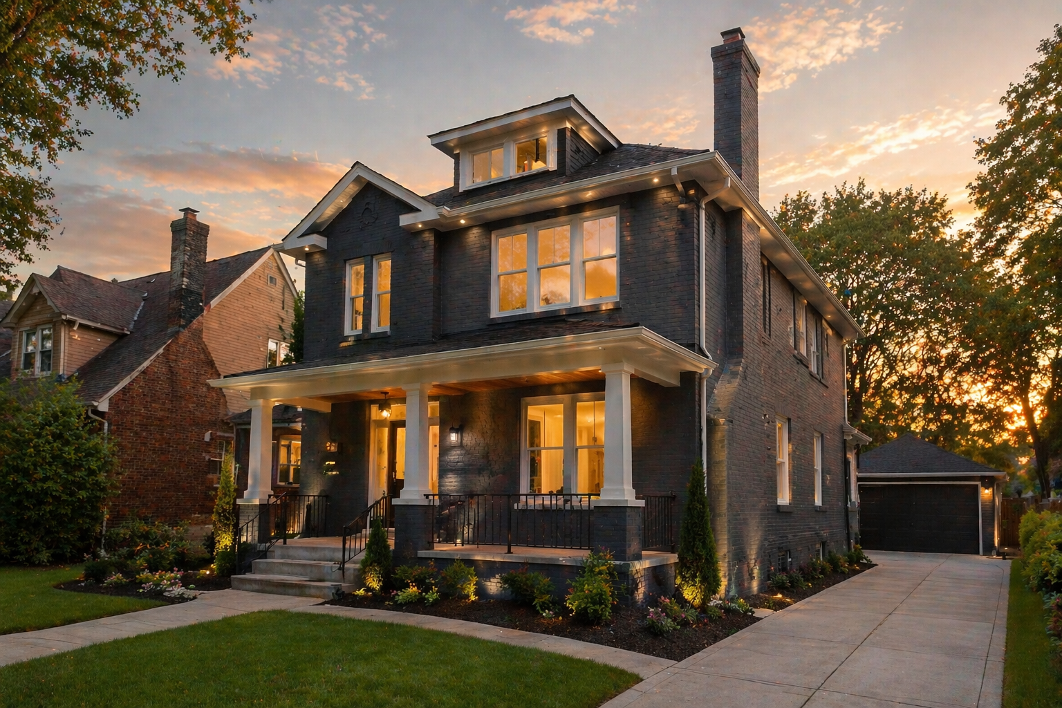 Beautifully renovated suburban home exterior in Detroit — fresh paint, new windows, clean landscaping and curb appeal
