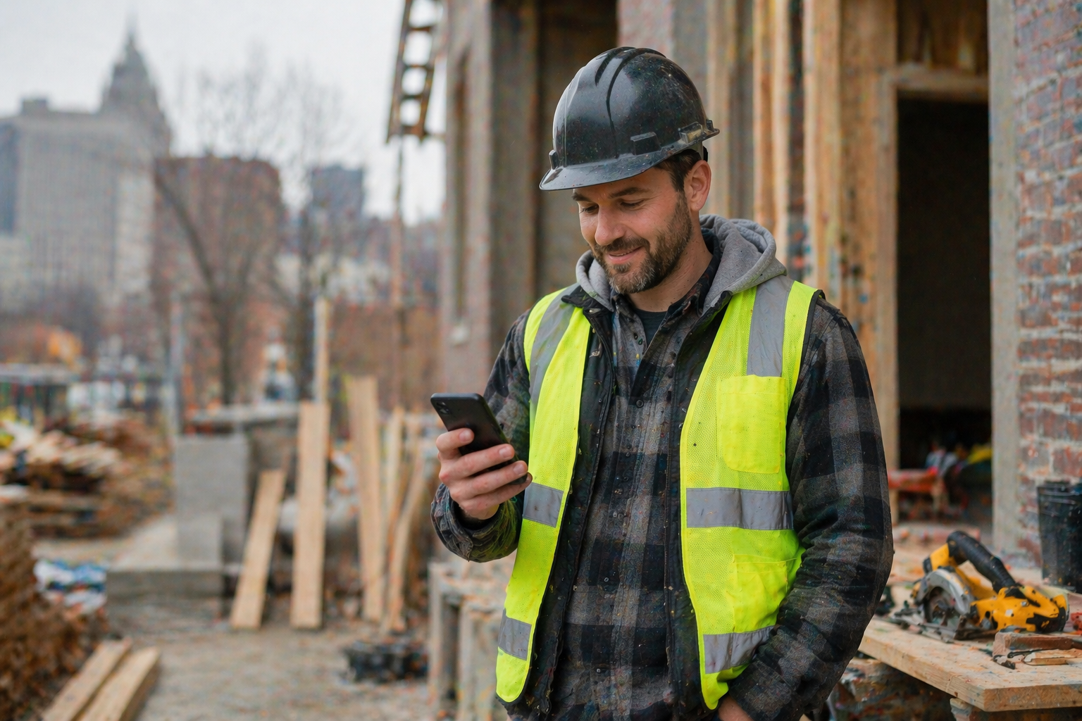 General contractor on job site checking phone with a satisfied expression, reading a new lead inquiry