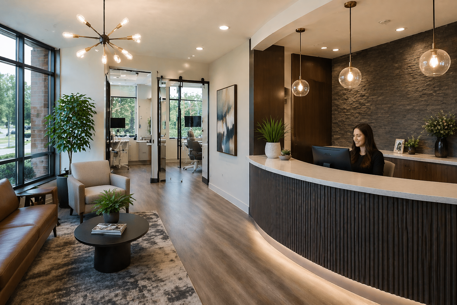 Modern Detroit dental office reception area with clean, welcoming interior design and professional front desk