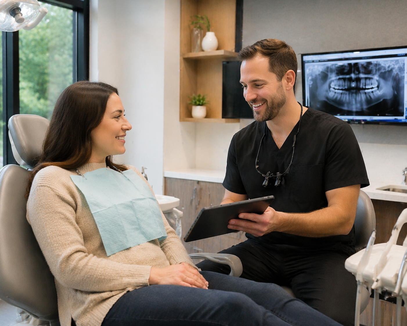 Dentist consulting one-on-one with a patient in a modern exam chair, building trust and explaining treatment options