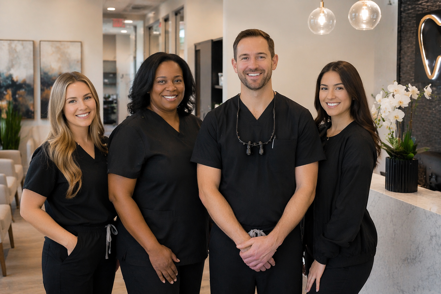 Professional dental team photo in a modern Detroit office lobby, confident and welcoming