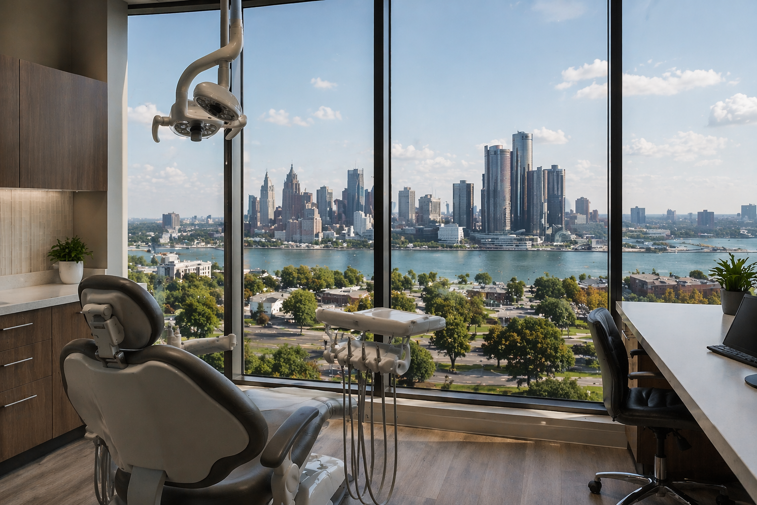 Detroit skyline visible through a dental office window, representing local identity and professional presence