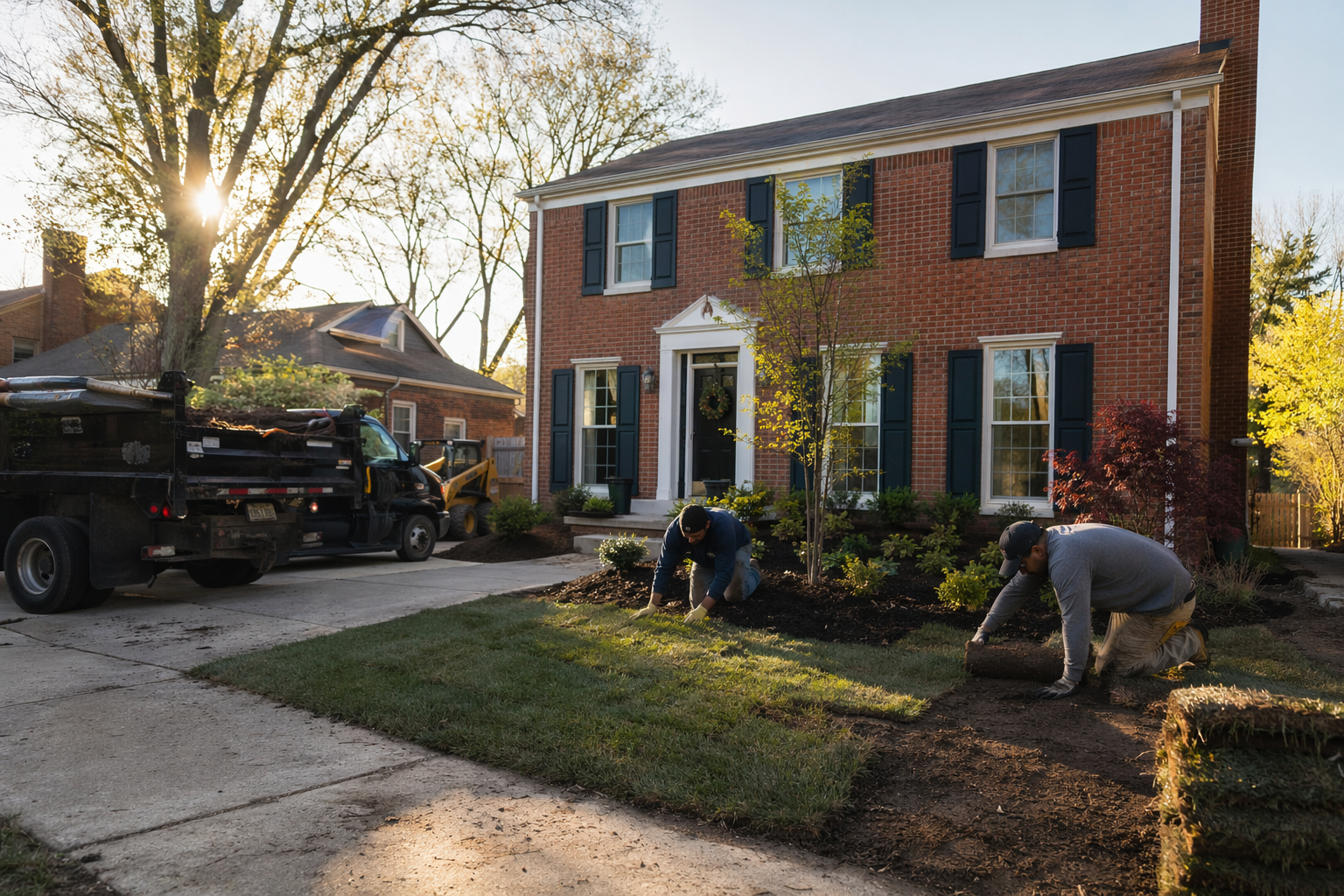Landscaping crew working on a front yard design project in a Detroit suburb on a clear spring morning
