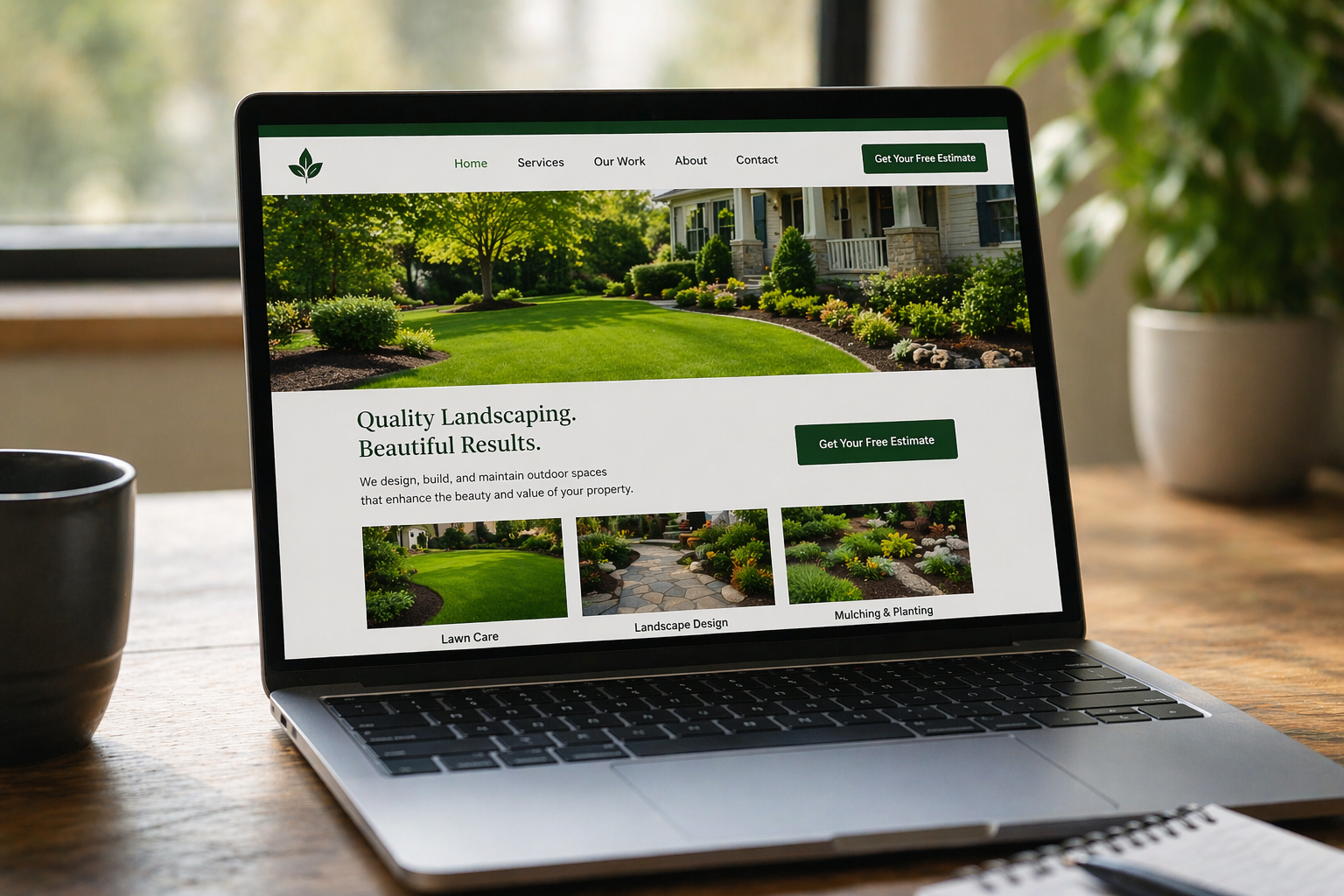 Metro Detroit landscaping company website displayed on a laptop showing a seasonal service page and a free estimate CTA button