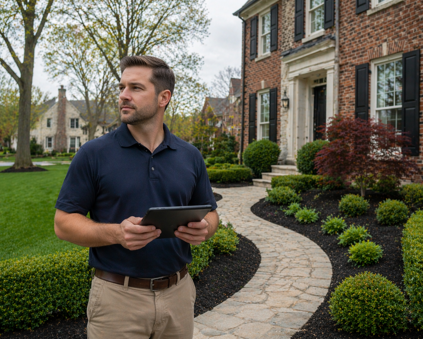 Landscaper reviewing project estimate on a tablet in front of a completed front yard installation in Grosse Pointe Michigan