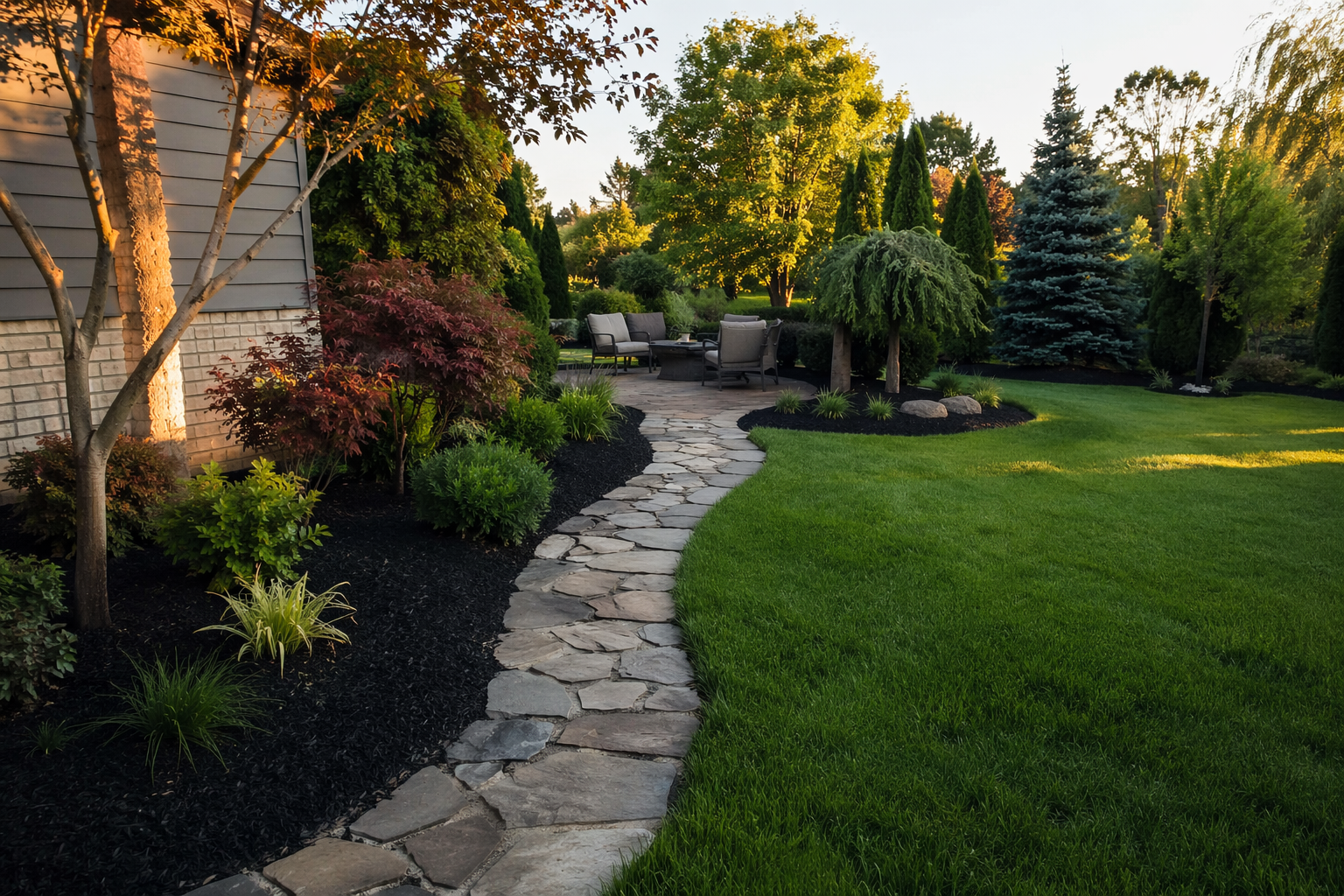 Beautifully landscaped backyard of a home in Sterling Heights Michigan with fresh mulch, manicured shrubs, and a stone pathway