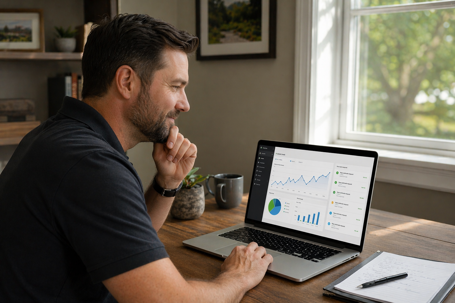 Landscaping company owner reviewing website lead inquiries on a laptop showing estimate requests from Metro Detroit homeowners