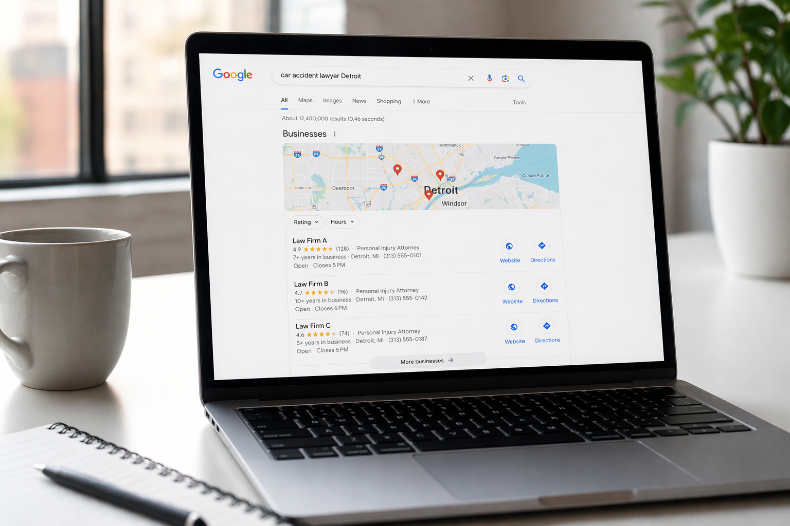 Confident Detroit attorney standing in a modern office lobby surrounded by legal books and natural light